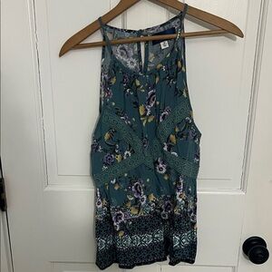 Blue Rain Teal Floral Lace Trim Blouse